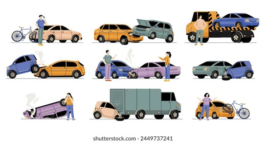 Cartoon car accidents. Crash of vehicle with pedestrian, driver and passenger in dangerous situation, car accident concept. Vector flat set of accident car crash cartoon illustration