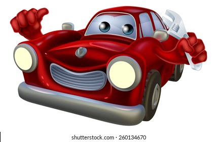Cartoon car  auto repair garage mechanic character holding a wrench and giving a thumbs up gesture