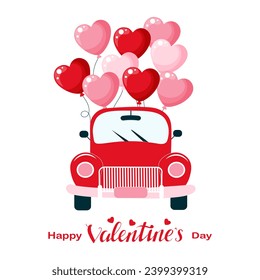 Cartoon car with balloons hearts. Background for Valentine's Day, holiday print, vector