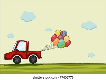  Cartoon car with balloons on a spring background