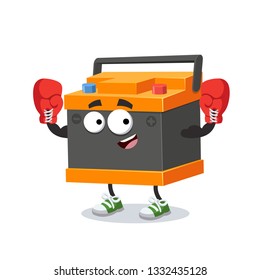 cartoon car battery mascot in red boxing gloves on white background