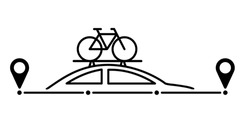 Cartoon Car And Bicycle. Cyclist Or Bike On Cars To Holiday. Bicycle On The Roof Rack And Pointers On Way. Cycle With Bikes Roof Rack. Road, Pin Location. Pointer Or Point Trekking Route. Pinpoint.