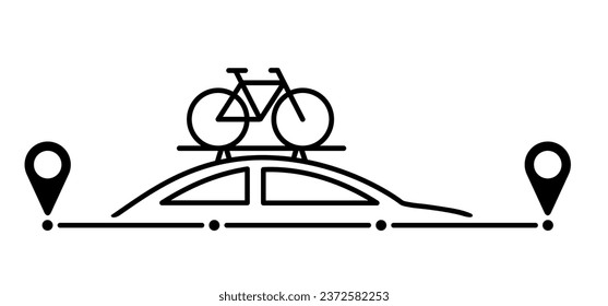 Caricatura y bicicleta. Ciclista o bicicleta en coches para vacaciones. Bicicleta en el techo y punteros en camino. Ciclo con soporte para techo de bicicletas. Carretera, ubicación de anclaje. Ruta de senderismo por punteros o puntos. Pinpoint.