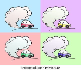 Cartoon car blowing exhaust fumes doodles set, Smoke cloud from small automobile into air, Environmental concept of pollution, Hand drawn illustration pop art, Vector
