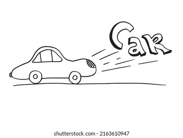 Cartoon car blowing exhaust fumes with car lettering. Hand drawn sketch illustration isolated on white background