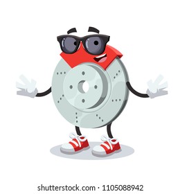 cartoon car brake character mascot in black sunglasses on a white background