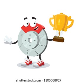 cartoon car brake mascot holds the number one cup on white background