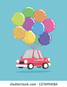 cartoon car with bunch of balloons
