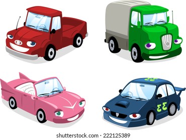 cartoon Car, Bus,  bus, motorbike, truck, race car, wagon and eco car.