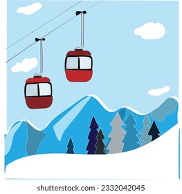 Cartoon Car Cabins Cableway in Mountains Card Poster. Vector stock illustration
