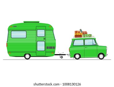 Cartoon car with a caravan. Side view. Flat vector.