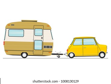 Cartoon car with a caravan. Side view. Flat vector.