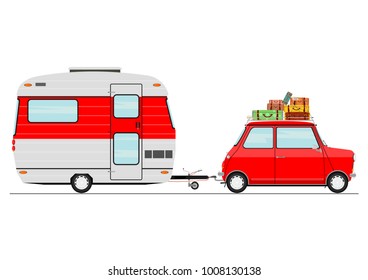 Cartoon car with a caravan. Side view. Flat vector.