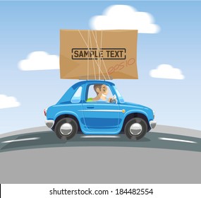 cartoon car carries a box on the roof