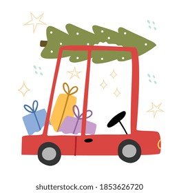 Cartoon car carries Christmas presents and a Christmas tree.The car with christmas tree on top.Illustration for children's book.Simple illustration.Cute Poster.
Scandinavian style .Minimalisn .
