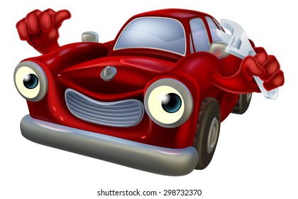 Cartoon car character holding a spanner and giving a thumbs up, auto repair garage mechanic