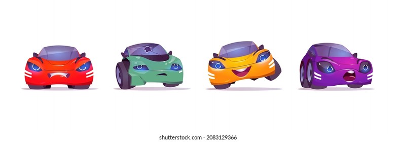 Cartoon car characters express happy or sad emotions, cute automobile emoticons with smiling face, unhappy transport with broken windshield isolated on white background, Vector illustration, icons set