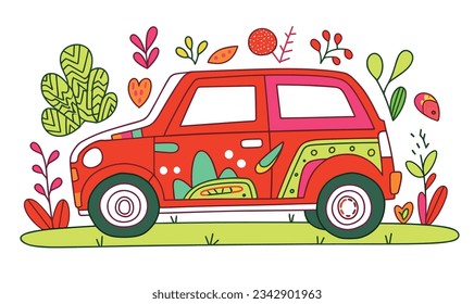 Dibujo de ilustraciones para niños y diseño de afiches para vectores de automóviles de dibujos animados
