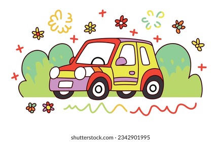 Dibujo de ilustraciones para niños y diseño de afiches para vectores de automóviles de dibujos animados