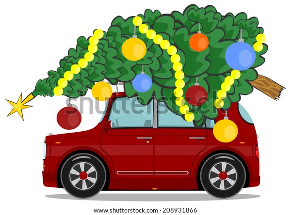 Cartoon\
car with a Christmas tree on the roof. Vector\
