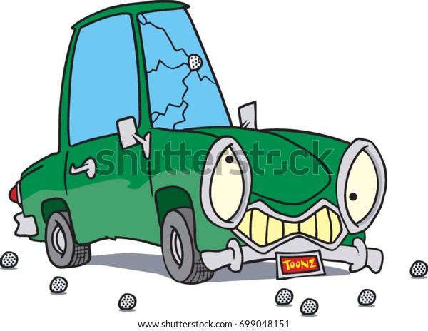 cartoon car with a\
crack in the\
windshield