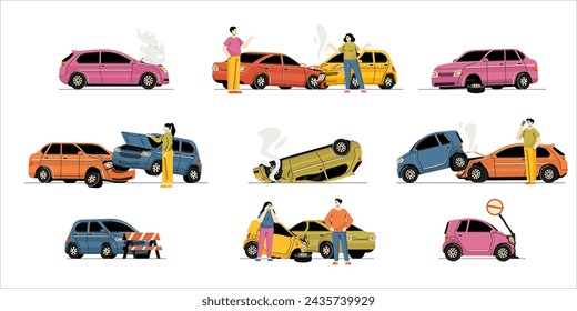 Accidente de caricatura. Vehículos accidentados rotos accidentados en la carretera, accidente automovilístico con daños y lesiones del conductor. Conjunto aislado de vector de ilustración de dibujos animados de naufragio roto