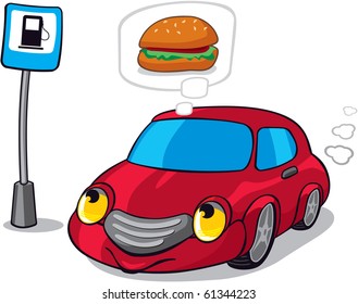 Cartoon Car Dreaming of Burger next to Fuel Station sign