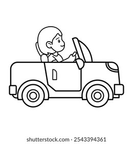 Carro de Desenho Animado com Contorno do Motorista. Esta ilustração vetorial em preto e branco mostra um personagem de desenho animado dirigindo um carro conversível. 