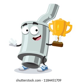 cartoon car exhaust pipe with silencer mascot holds the number one cup on white background