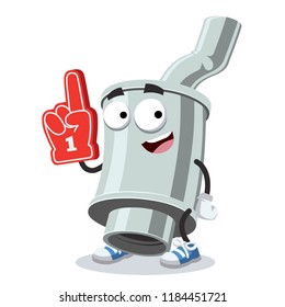 cartoon car exhaust pipe with silencer character mascot with the number 1 one sports fan hand glove on a white background