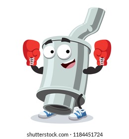 cartoon car exhaust pipe with silencer mascot in red boxing gloves on white background