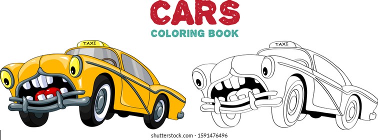 Cartoon car with eyes. Old New York taxi. Coloring page for children, color and linear illustration.