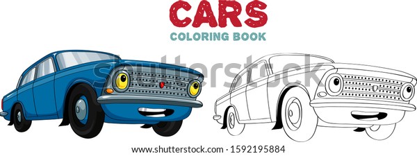 Cartoon car with eyes. Old
Soviet smiling car. Coloring book for kids. Color and linear
illustration.