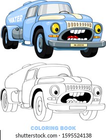 Cartoon car with eyes. Old truck with water tank. Coloring book for kids. Color and linear illustration.