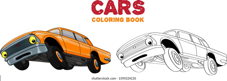 Cartoon car with eyes. Orange Soviet car in a hurry. Coloring book for kids. Color and linear illustration.