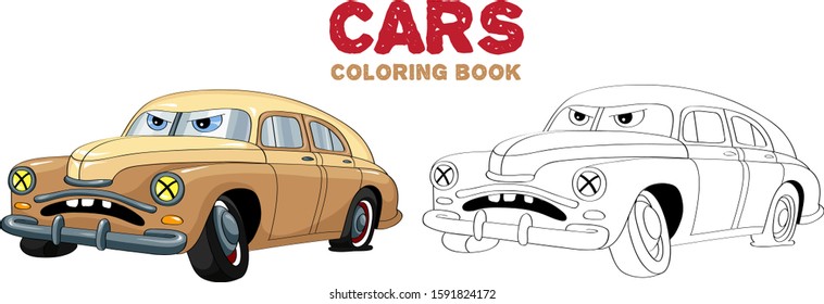 Cartoon car with eyes. Retro wrecked car with deflated wheels and sad face. Coloring book for kids. Color and linear illustration.