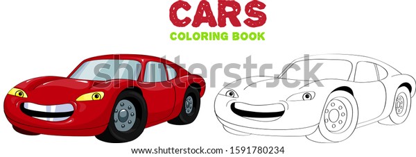 Cartoon car with eyes. Sports red\
car. Coloring book for kids. Color and linear\
illustration.