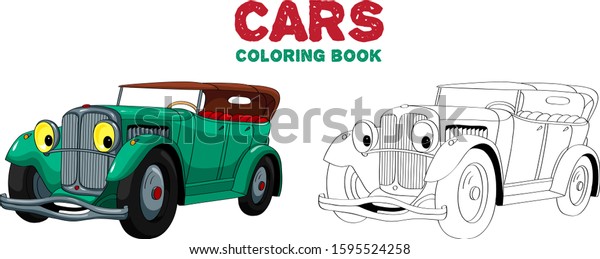Cartoon car with eyes. Vintage 1930s\
Phaeton Convertible with Soft Roof. Coloring book for kids. Color\
and linear\
illustration.
