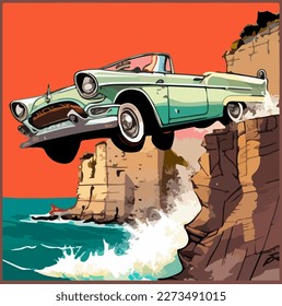 Cartoon car falling off a cliff. Vector illustration