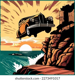 Cartoon car falling off a cliff. Vector illustration
