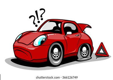 Cartoon Car With A Flat Tire. Vector Illustration