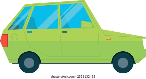 A cartoon car with a green color and a blue window