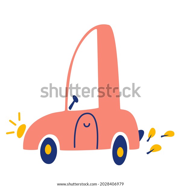 Cartoon car. Hand draw cute pink passenger\
car. Vector\
illustration