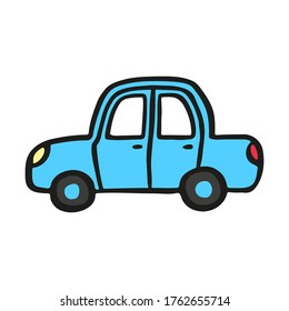 Cartoon car icon. Colored silhouette. Side view. Hand drawn vector flat graphic illustration. Isolated object on a white background. Isolate.