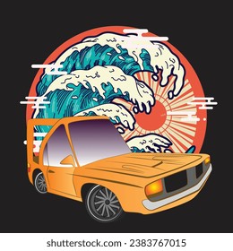 cartoon car illustration design for sukajan is mean japan traditional cloth or t-shirt with digital hand drawn Embroidery Men T-shirts Summer Casual Short Sleeve Hip Hop T Shirt Streetwear 