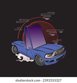 cartoon car illustration design for sukajan is mean japan traditional cloth or t-shirt with digital hand drawn Embroidery Men T-shirts Summer Casual Short Sleeve Hip Hop T Shirt Streetwear