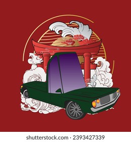 cartoon car illustration design for sukajan is mean japan traditional cloth or t-shirt with digital hand drawn Embroidery Men T-shirts Summer Casual Short Sleeve Hip Hop T Shirt Streetwear
