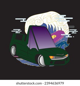 cartoon car illustration design for sukajan is mean japan traditional cloth or t-shirt with digital hand drawn Embroidery Men T-shirts Summer Casual Short Sleeve Hip Hop T Shirt Streetwear