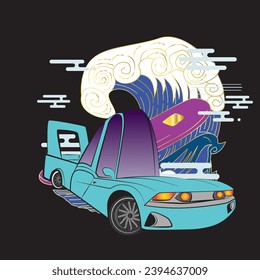 cartoon car illustration design for sukajan is mean japan traditional cloth or t-shirt with digital hand drawn Embroidery Men T-shirts Summer Casual Short Sleeve Hip Hop T Shirt Streetwear