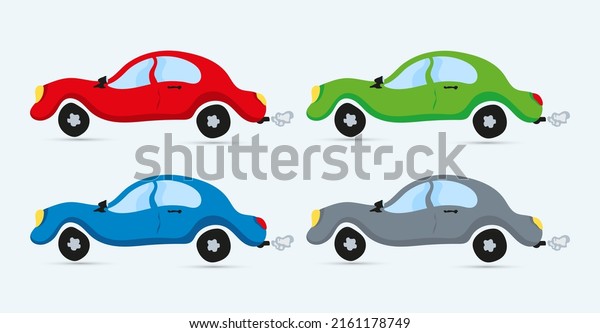 Cartoon car illustration.\
Car with exhaust smoke vector, travel theme, transportation.\
Flatcar icon.